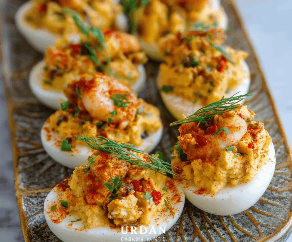 Delicious Crawfish Deviled Eggs garnished with fresh herbs for a savory appetizer.