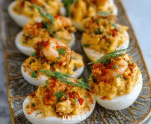 Delicious Crawfish Deviled Eggs garnished with fresh herbs for a savory appetizer.