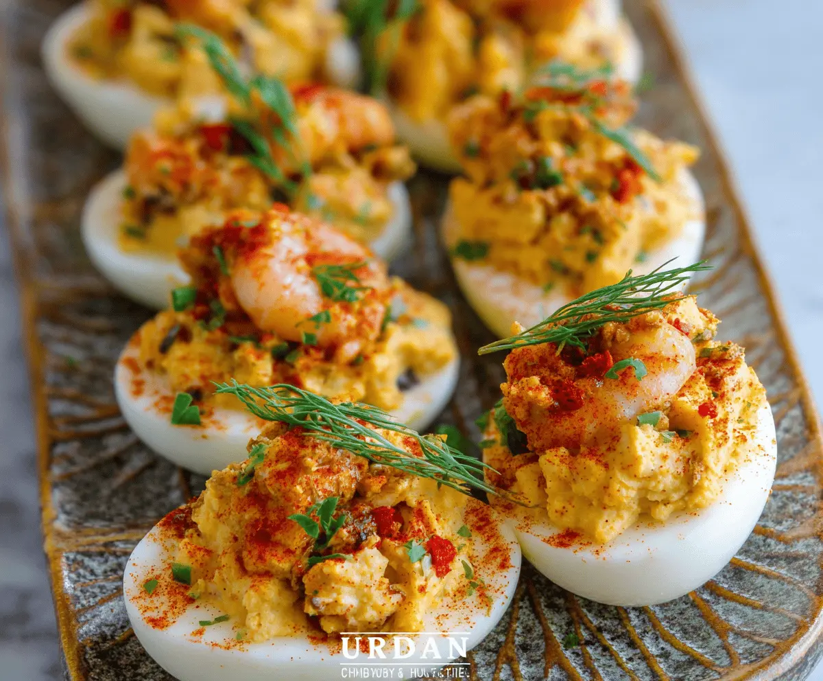 Delicious Crawfish Deviled Eggs garnished with fresh herbs for a savory appetizer.