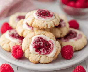 Delicious Cream Cheese Raspberry Cookies on a plate, showcasing their rich texture and vibrant raspberry filling