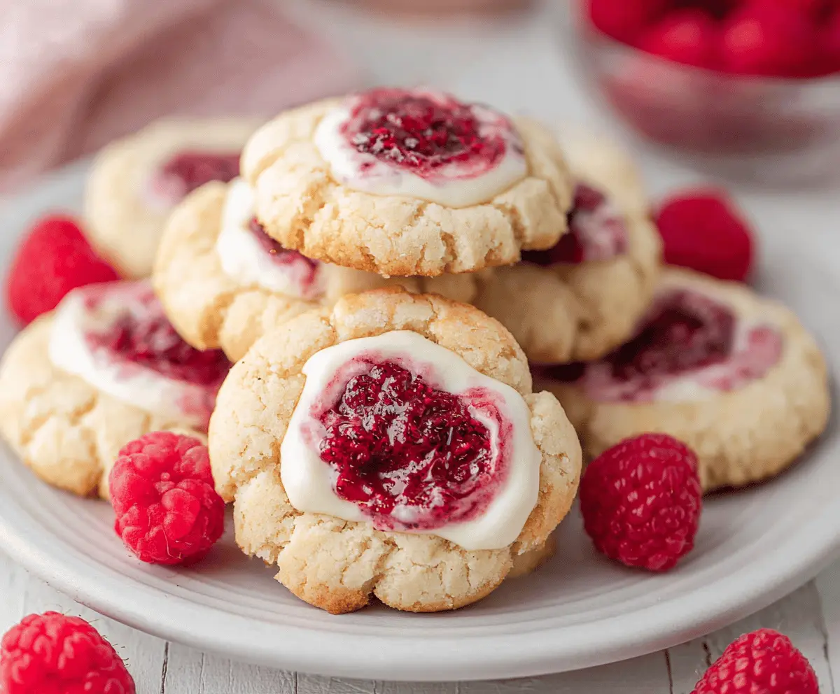 Delicious Cream Cheese Raspberry Cookies on a plate, showcasing their rich texture and vibrant raspberry filling