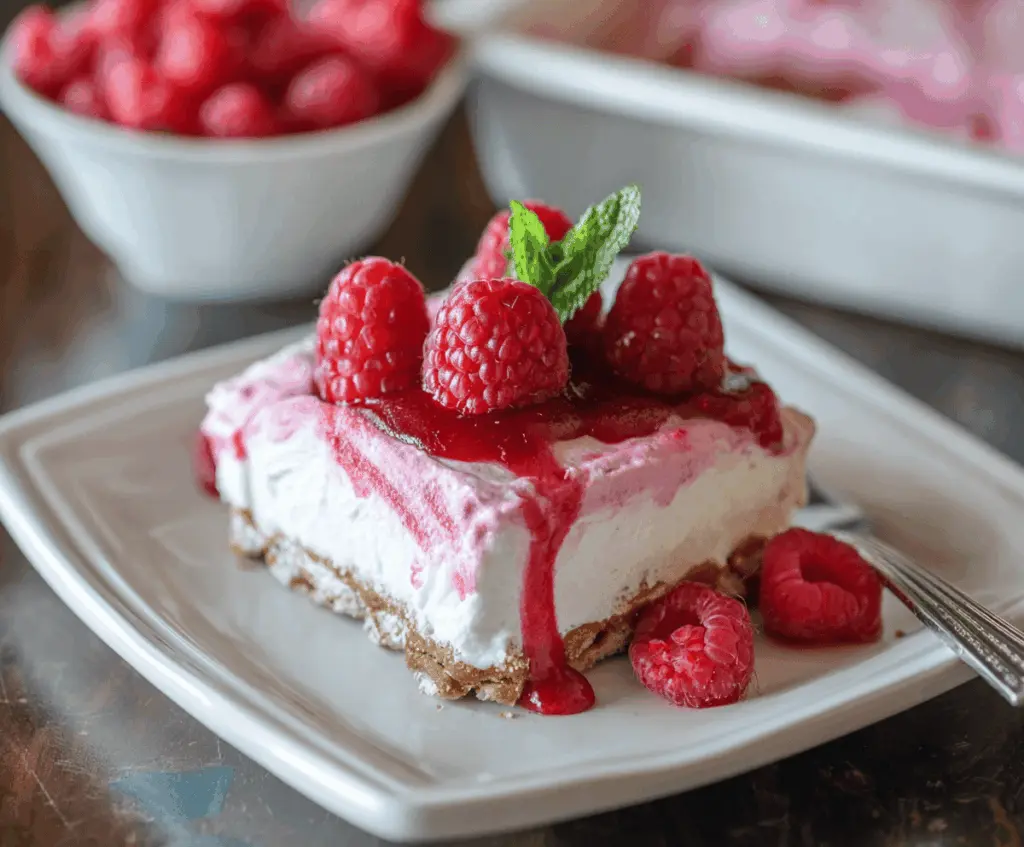 Delicious Creamy Raspberry Pretzel Dessert with a smooth raspberry topping and crunchy pretzel crust.