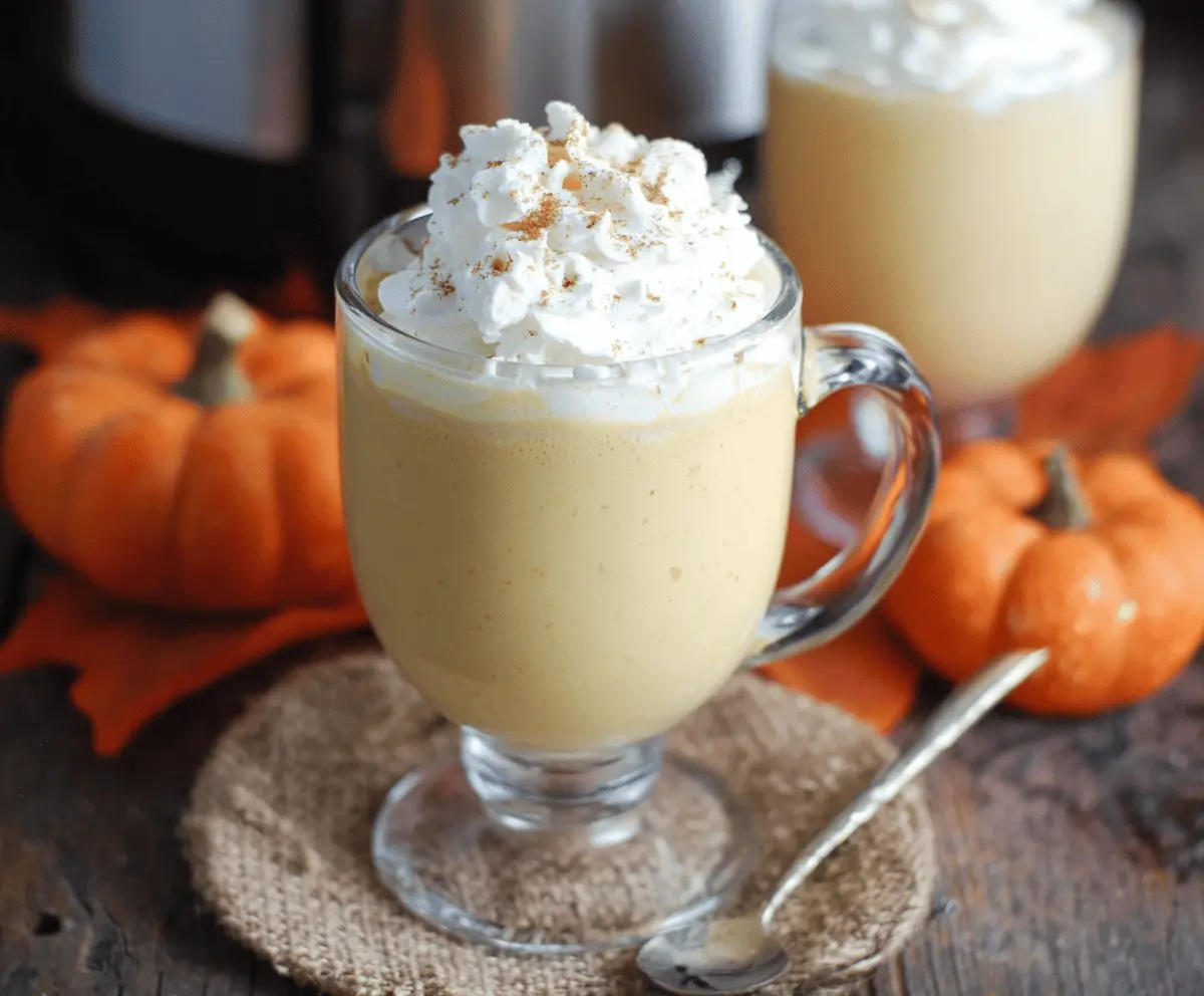 Creamy Crockpot Pumpkin Pie White Hot Chocolate topped with whipped cream and cinnamon, perfect for fall cozy evenings.