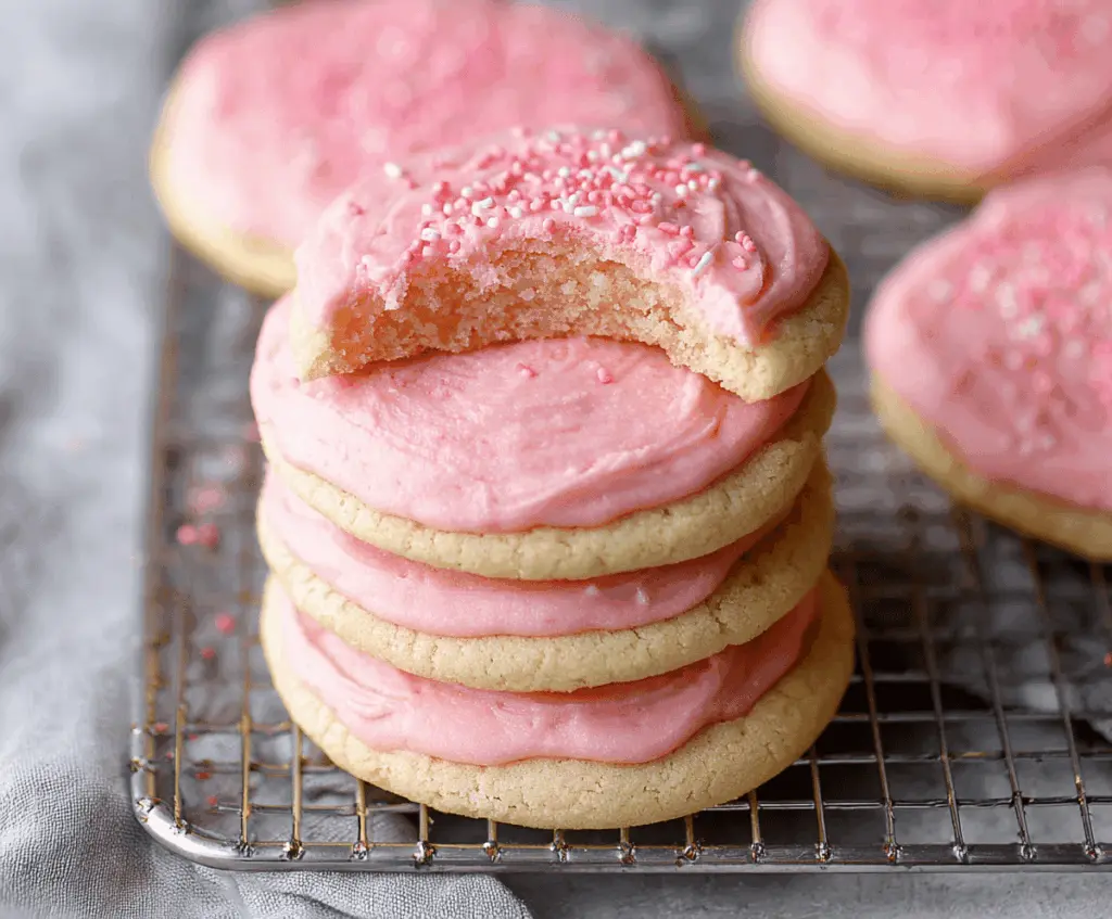 Delicious Crumbl Pink Chilled Sugar Cookies with pink frosting and sprinkles on a plate.