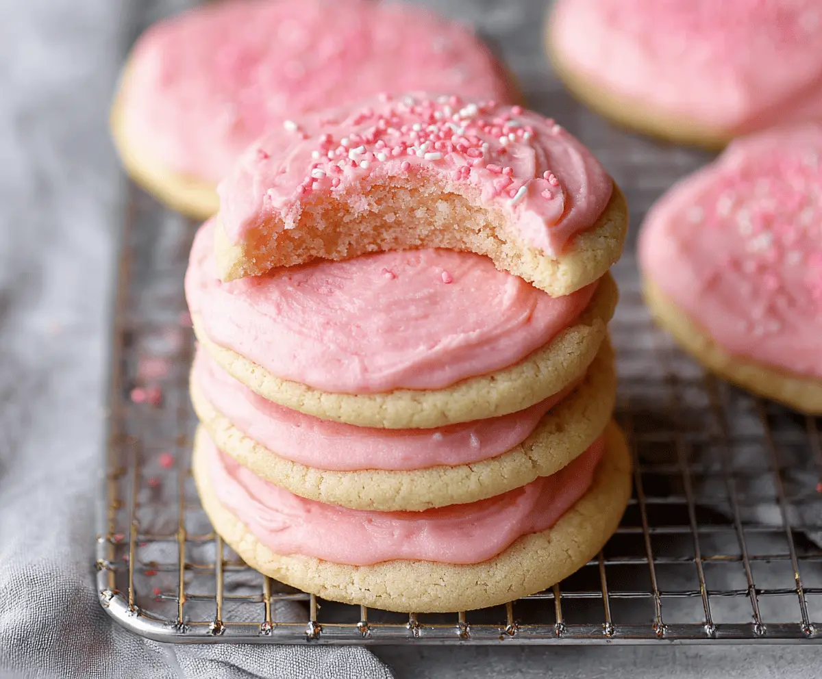 Delicious Crumbl Pink Chilled Sugar Cookies with pink frosting and sprinkles on a plate.