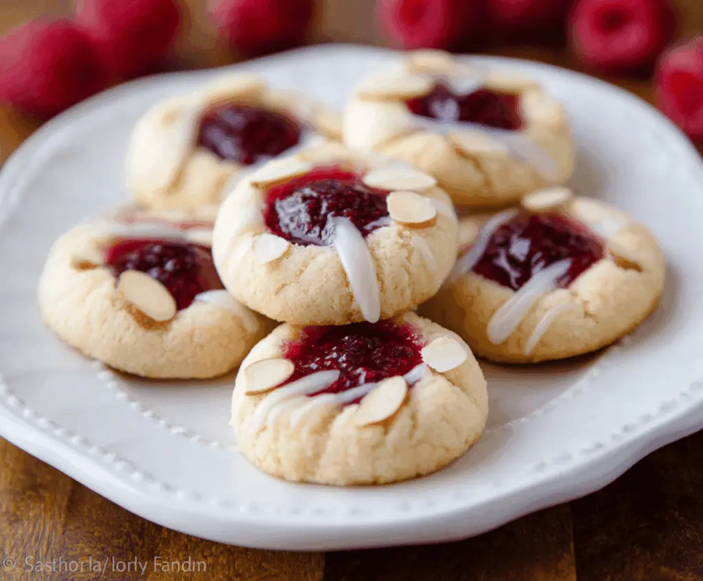 Delicious Raspberry Almond Thumbprint Cookies with a shiny raspberry filling and almond topping on a rustic plate.