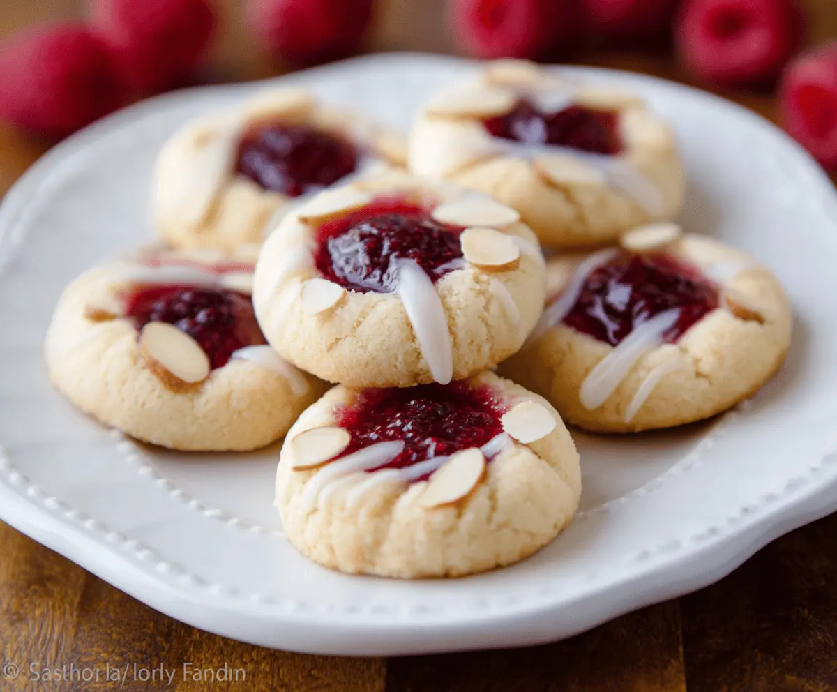 Delicious Raspberry Almond Thumbprint Cookies with a shiny raspberry filling and almond topping on a rustic plate.