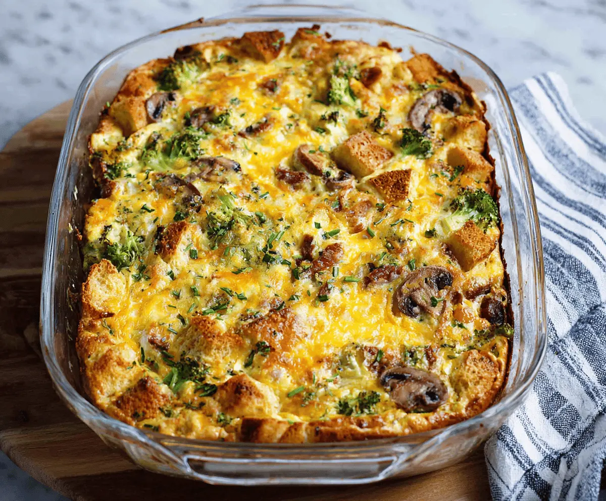 Delicious egg bake casserole with cheese and vegetables in a baking dish