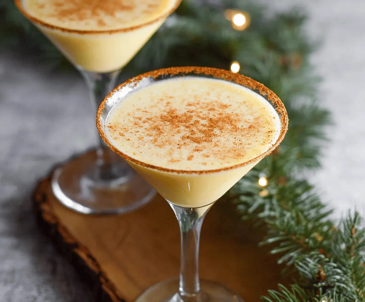 Delicious Eggnog Martini in a elegant glass with nutmeg garnish for festive cheer