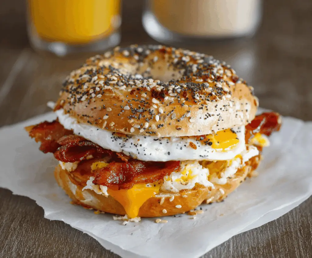 Delicious everything bagel breakfast sandwich with eggs, cheese, and sausage on a wooden board.