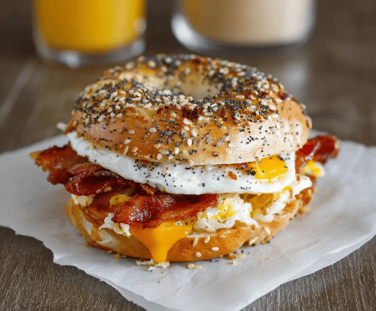 Delicious everything bagel breakfast sandwich with eggs, cheese, and sausage on a wooden board.