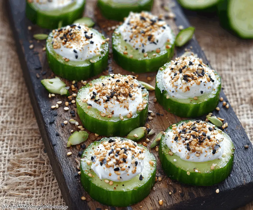 Close-up of fresh cucumber slices topped with everything bagel seasoning for crispy cucumber bites.