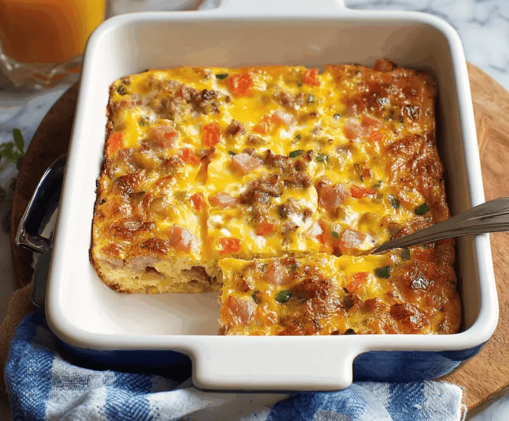 Delicious Farmer's Breakfast Casserole with eggs, cheese, and vegetables in a baked dish.
