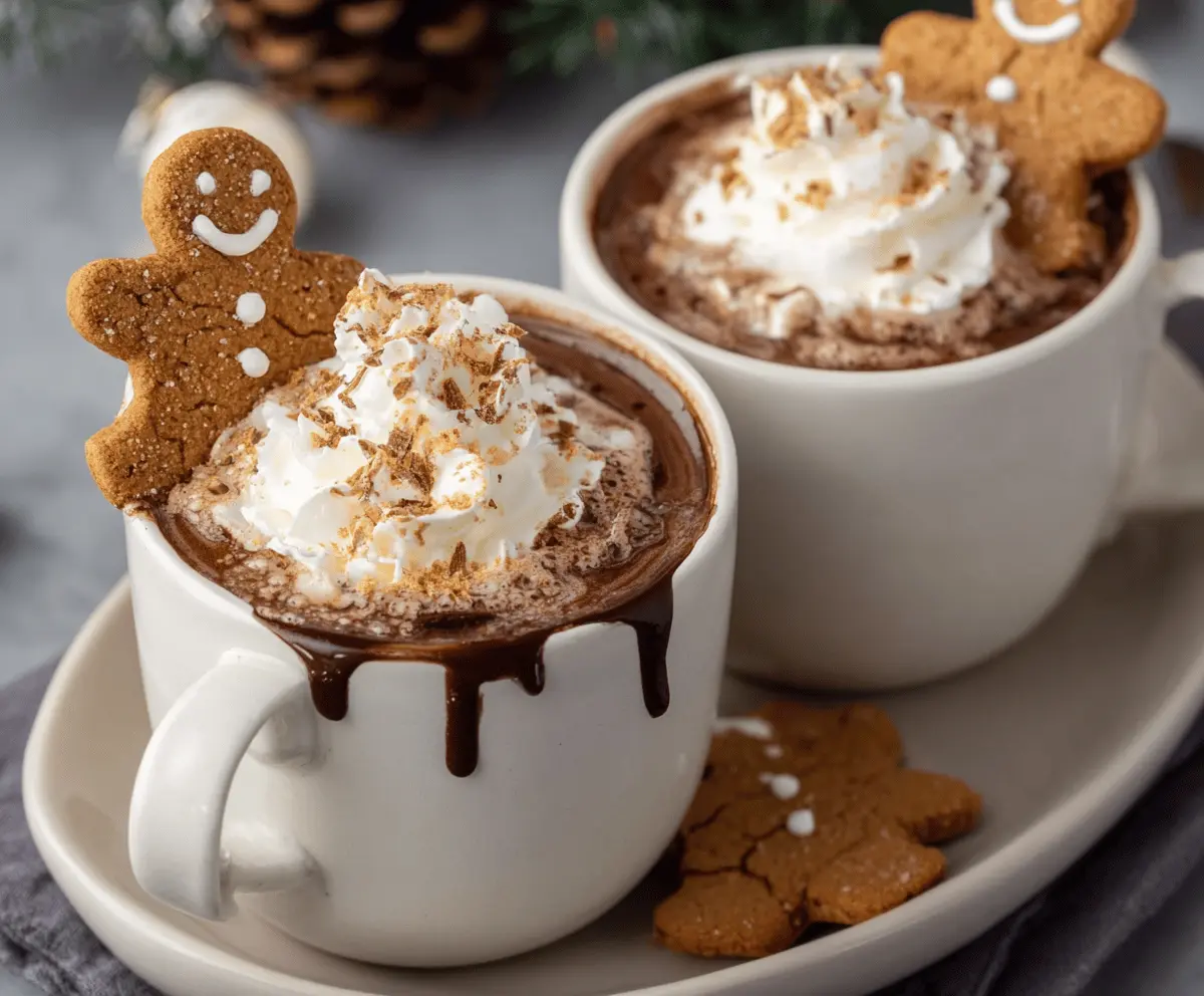 Warm gingerbread hot chocolate topped with whipped cream and festive spices in a cozy mug.
