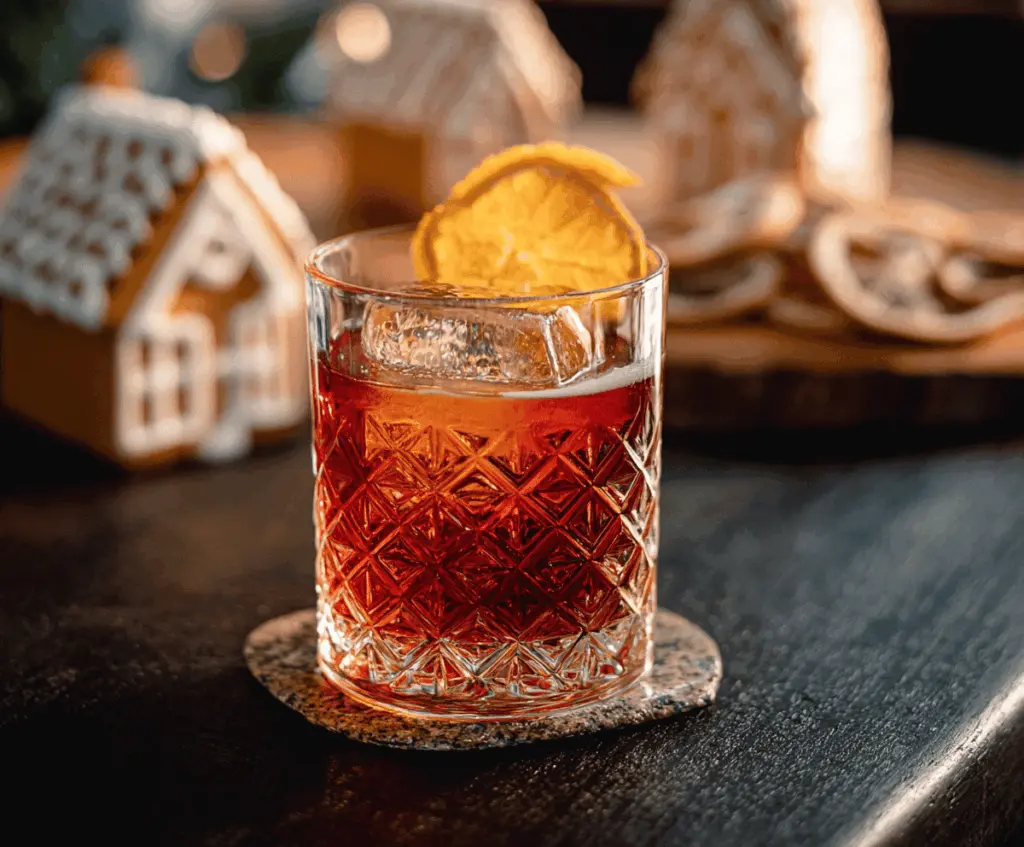 Delicious Gingerbread Negroni cocktail garnished with a cinnamon stick and orange peel.