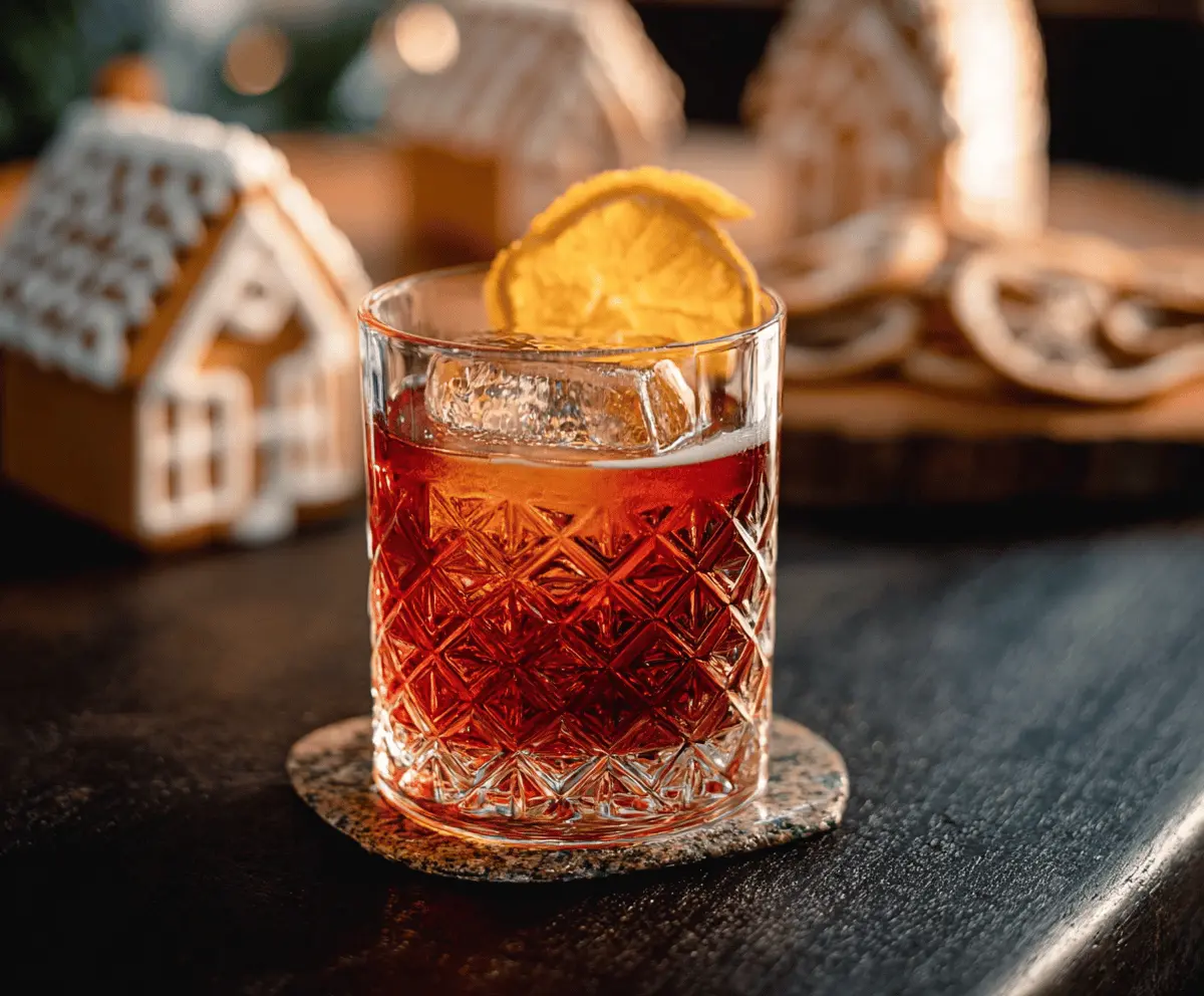 Delicious Gingerbread Negroni cocktail garnished with a cinnamon stick and orange peel.