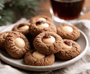 Delicious homemade gingerbread thumbprint cookies with jam filling on a festive plate
