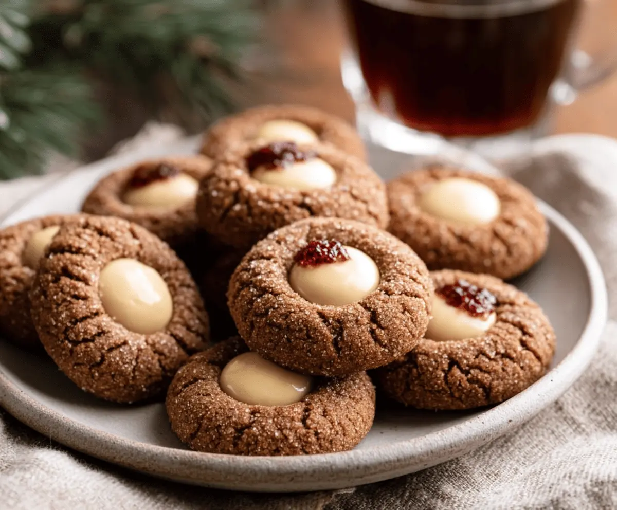 Delicious homemade gingerbread thumbprint cookies with jam filling on a festive plate