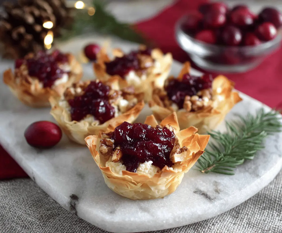 Delicious goat cheese cranberry phyllo cups garnished with fresh herbs on a white platter.