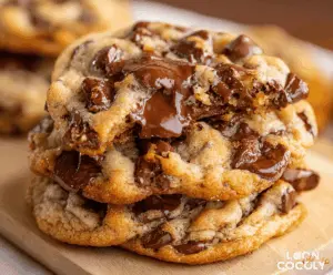 Delicious gooey chocolate chip cookies fresh out of the oven, with melted chocolate and a soft, chewy texture.