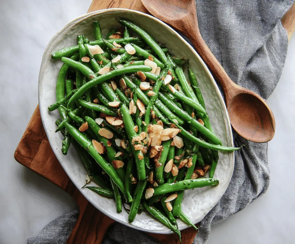 Fresh green bean almondine dish with toasted almonds and vibrant green beans on a white plate.