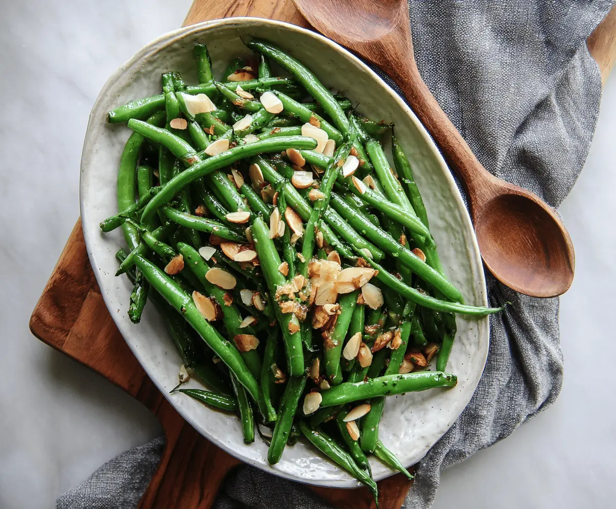 Fresh green bean almondine dish with toasted almonds and vibrant green beans on a white plate.
