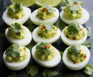 Delicious Guacamole Deviled Eggs garnished with fresh herbs on a white plate.