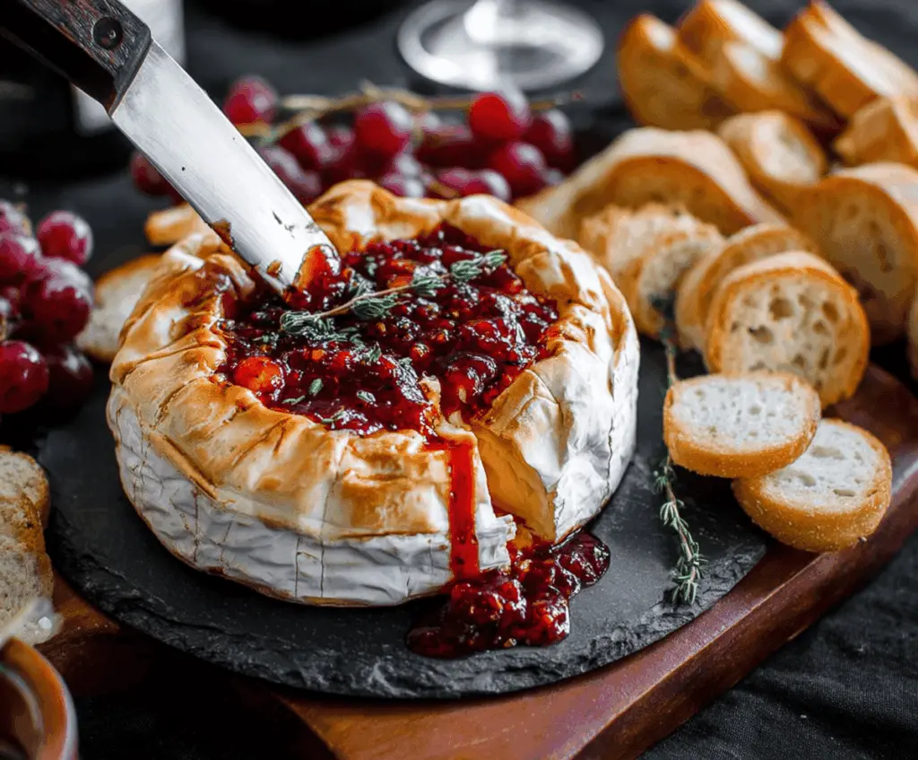 Spooky Halloween Bloody Baked Brie with oozing red sauce on a decorative platter