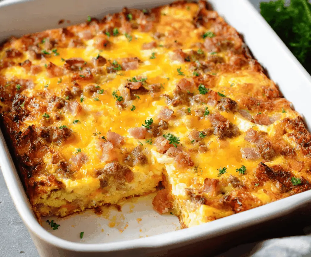 Delicious Hashbrown Egg Casserole with melted cheese and fresh herbs, perfect for breakfast or brunch.