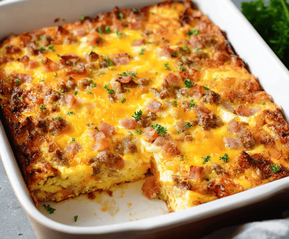 Delicious Hashbrown Egg Casserole with melted cheese and fresh herbs, perfect for breakfast or brunch.