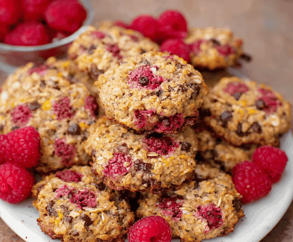Delicious homemade healthy raspberry cookies with fresh raspberries and oats on a white plate