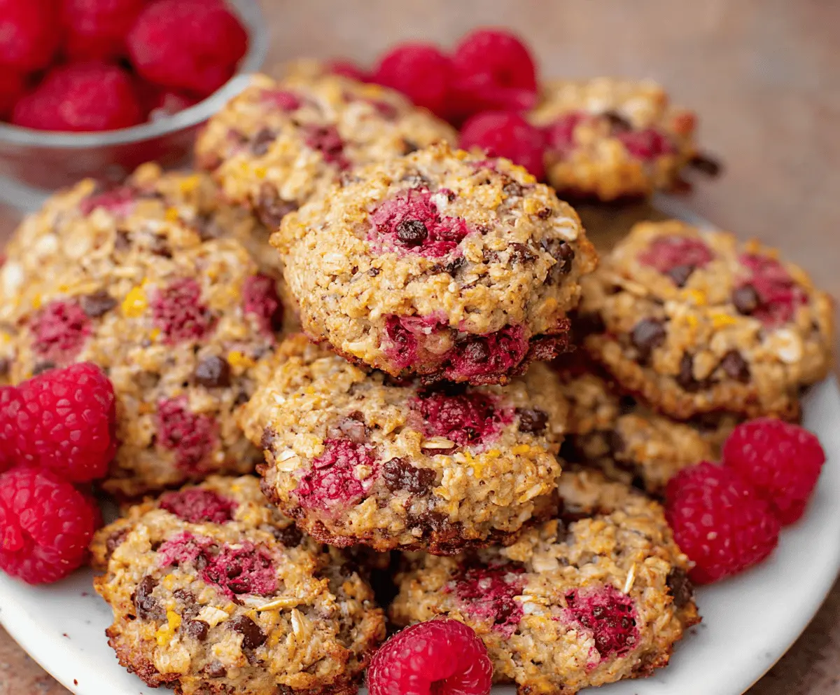 Delicious homemade healthy raspberry cookies with fresh raspberries and oats on a white plate