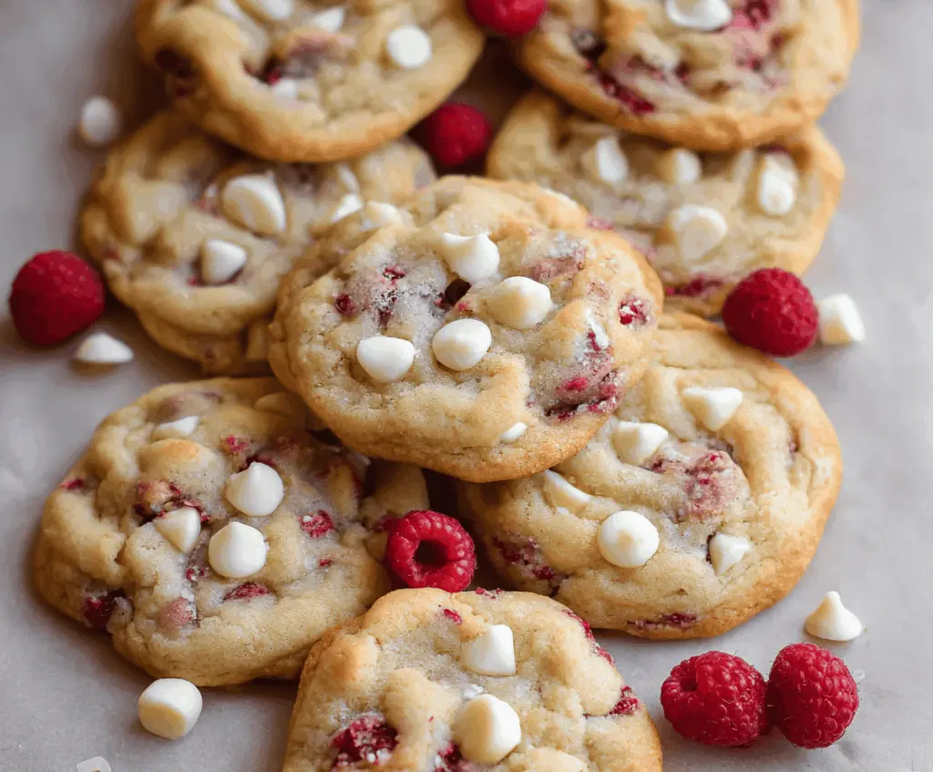 Delicious homemade white chocolate raspberry cheesecake cookies on a plate, showcasing creamy texture and fresh berries.