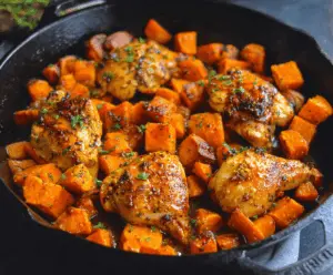 Delicious honey garlic chicken served with sweet potato slices on a plate.