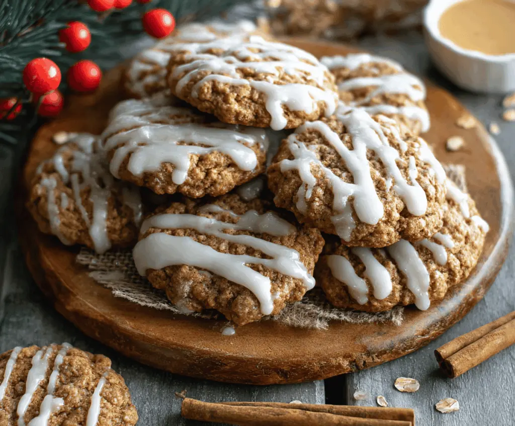 Delicious iced gingerbread oatmeal cookies on a plate, perfect for holiday snacking.