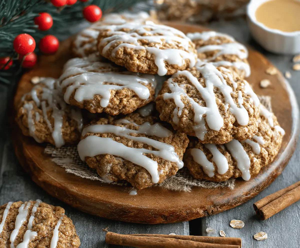Delicious iced gingerbread oatmeal cookies on a plate, perfect for holiday snacking.
