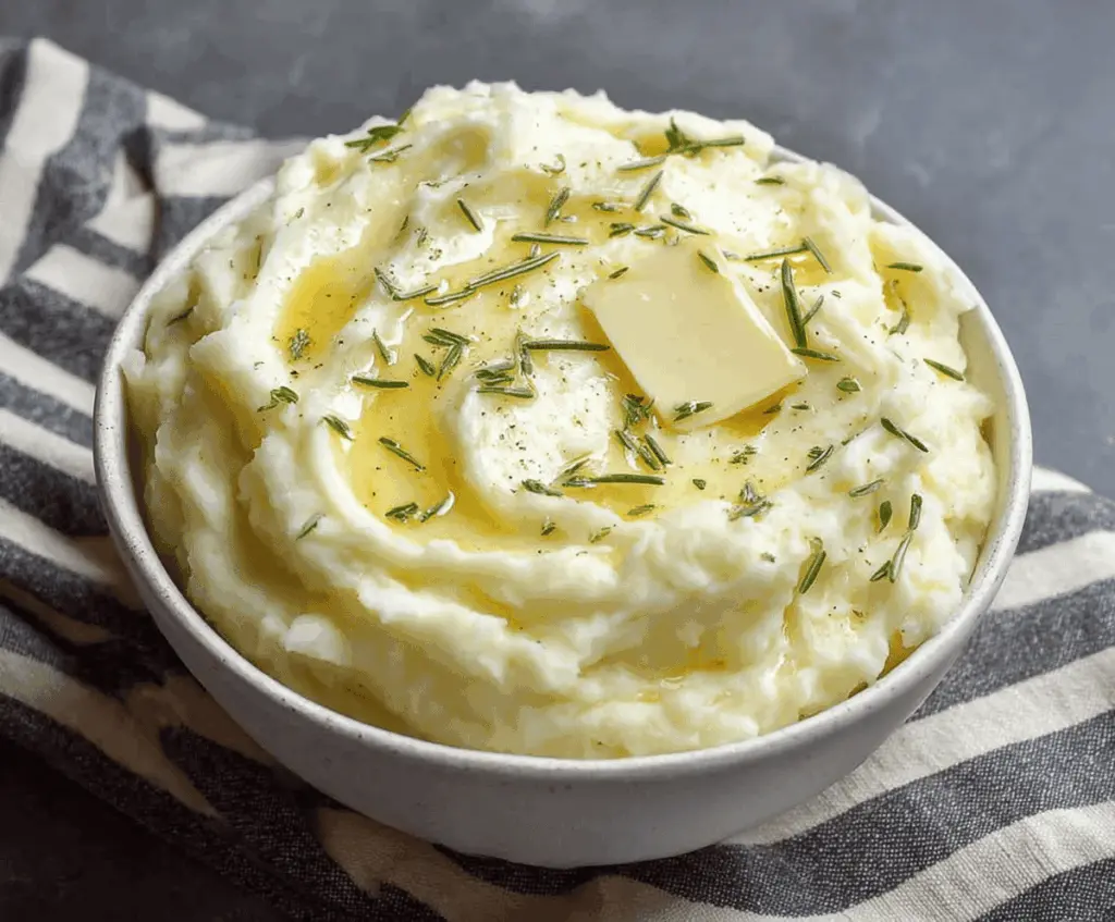 Creamy and fluffy Instant Pot mashed potatoes topped with butter and herbs.