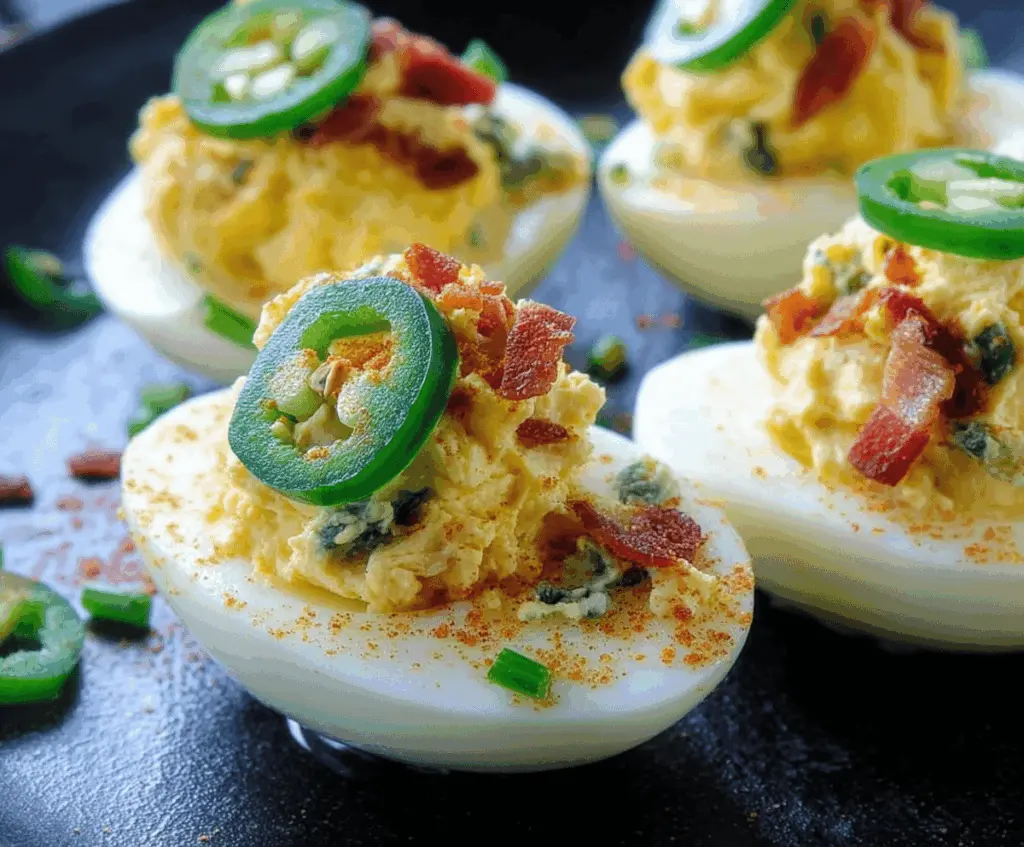 Delicious jalapeño popper deviled eggs garnished with fresh herbs on a white plate