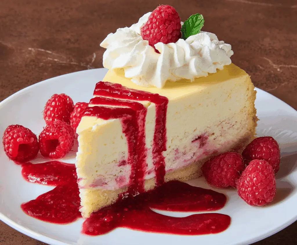 Delicious Lemon Raspberry Cream Cheesecake topped with fresh raspberries and lemon zest.