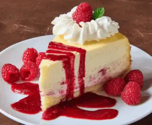 Delicious Lemon Raspberry Cream Cheesecake topped with fresh raspberries and lemon zest.