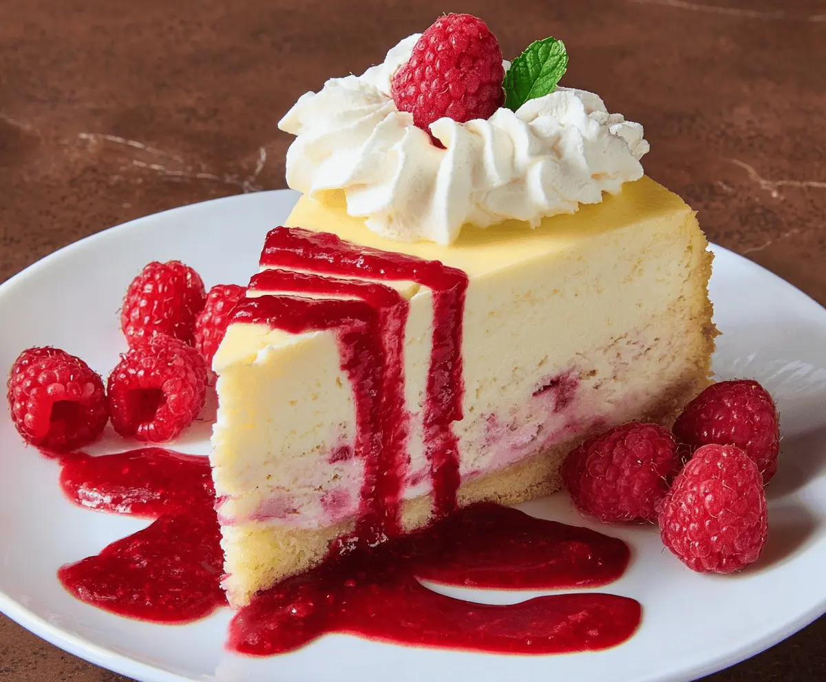 Delicious Lemon Raspberry Cream Cheesecake topped with fresh raspberries and lemon zest.