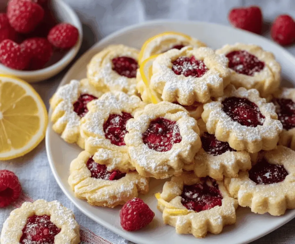 Delicious Lemon Raspberry Shortbread Cookies on a plate, perfect for dessert or snack.
