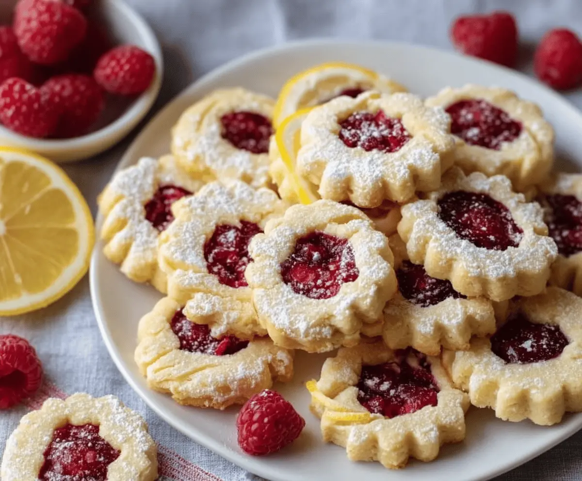 Delicious Lemon Raspberry Shortbread Cookies on a plate, perfect for dessert or snack.