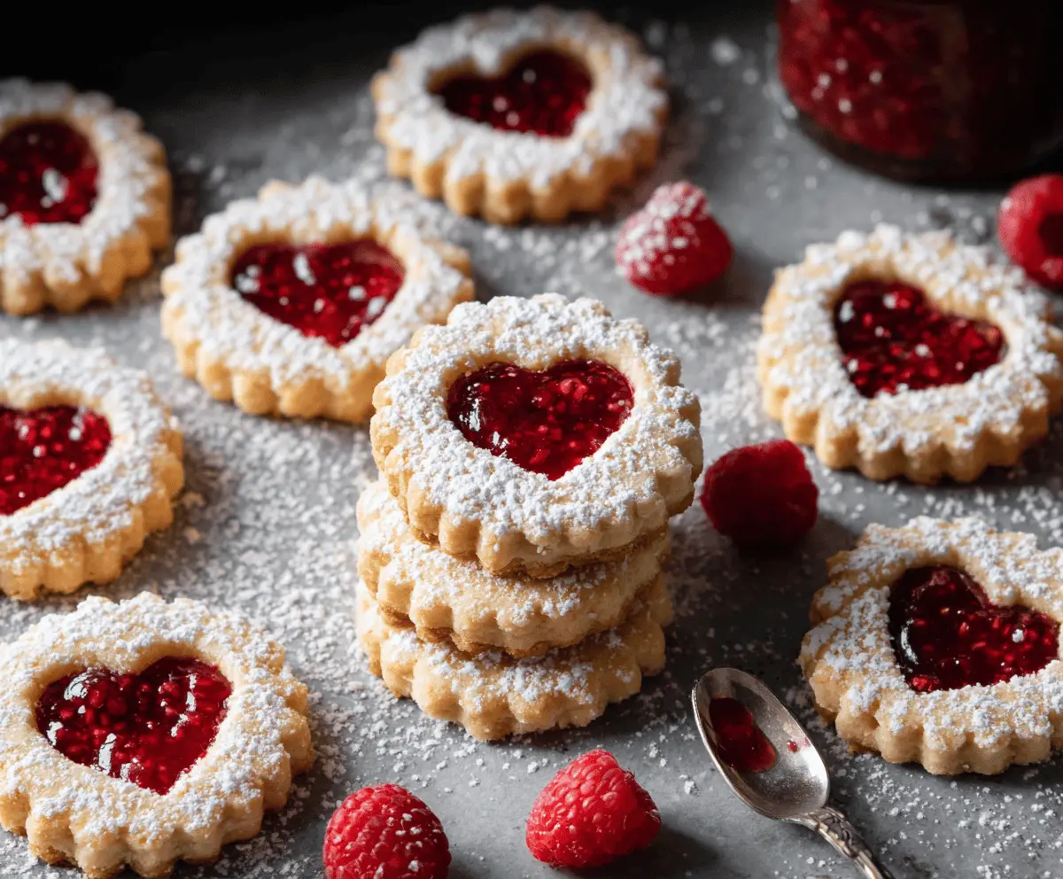 Delicious Linzer Raspberry Cookies with tart raspberry jam filling and powdered sugar dusting.