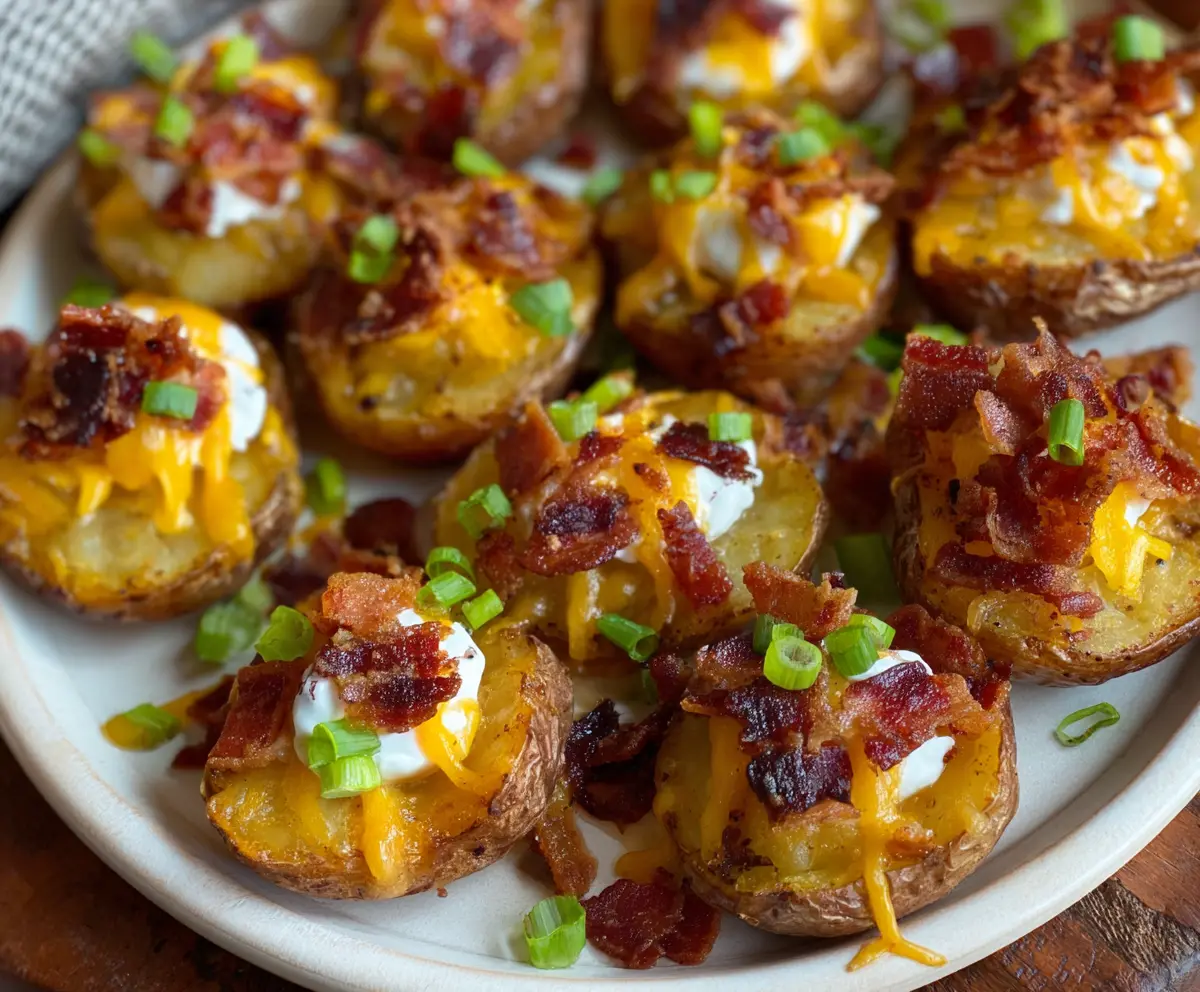 Delicious loaded mini potato bites topped with cheese, bacon, and chives on a white plate