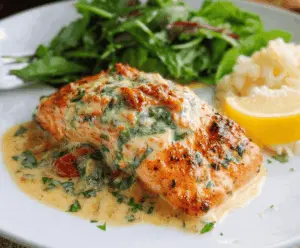 Delicious Marry Me Creamy Herb Salmon topped with fresh herbs and served with rich garlic butter sauce.