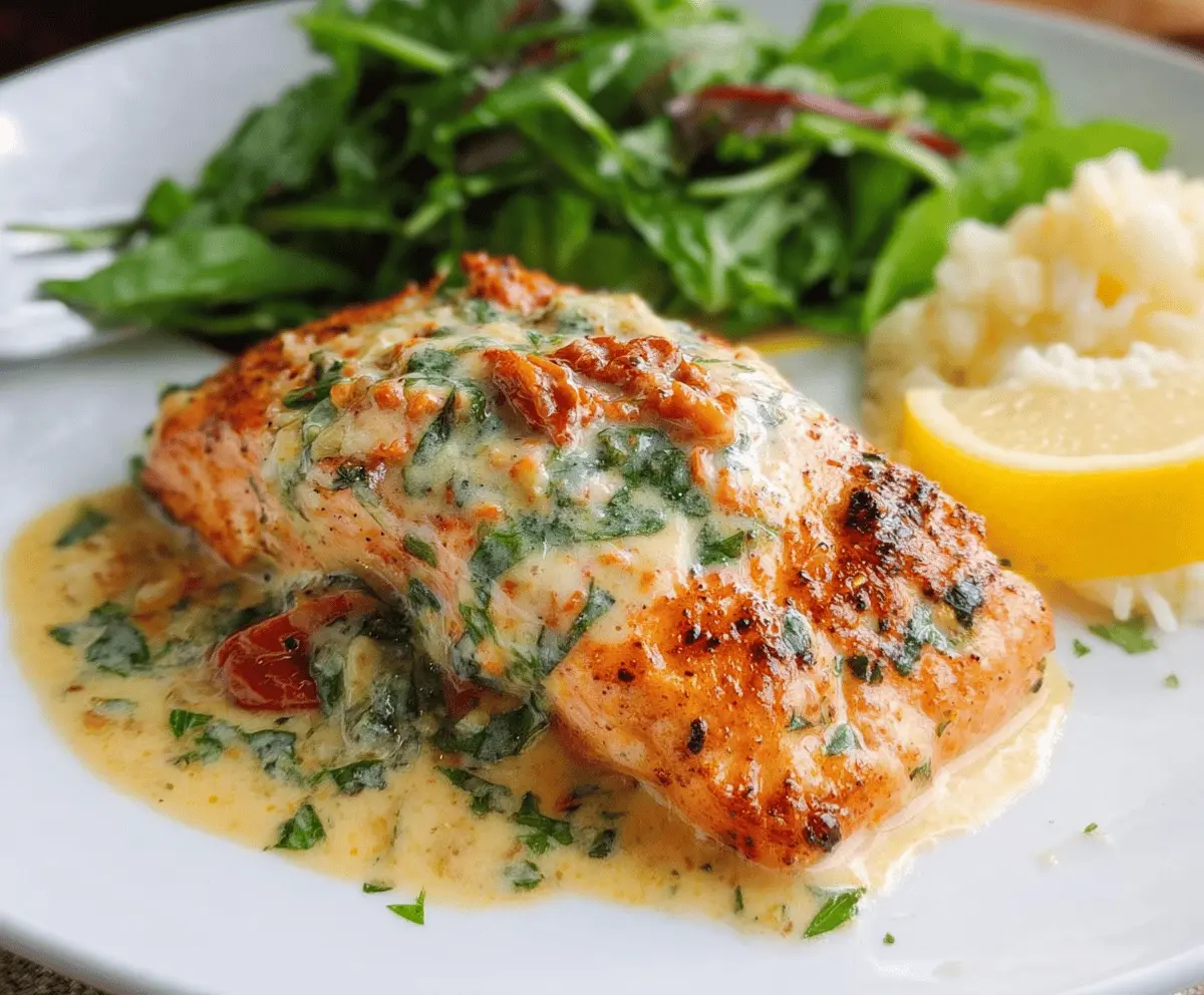 Delicious Marry Me Creamy Herb Salmon topped with fresh herbs and served with rich garlic butter sauce.