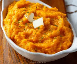 Creamy mashed butternut squash with a touch of herbs in a white bowl