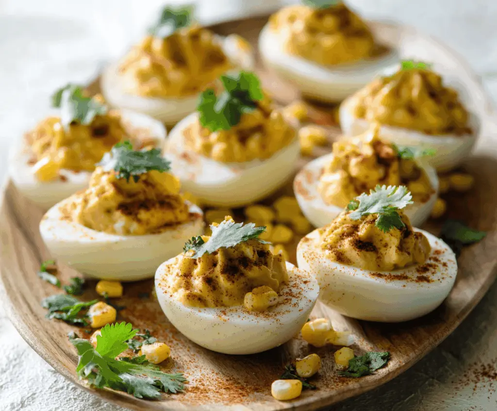 Delicious Mexican Street Corn Deviled Eggs with cilantro and spicy mayo topping