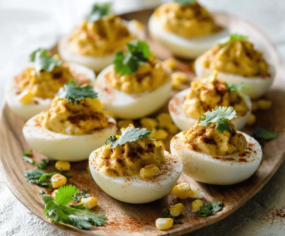 Delicious Mexican Street Corn Deviled Eggs with cilantro and spicy mayo topping